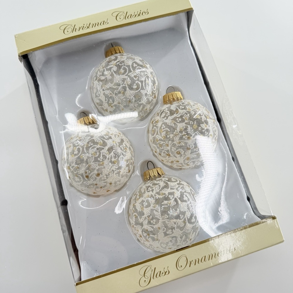 Vintage Glass Christmas Ornaments Set of 4 Hand Decorated White Gold Glitter Y2K